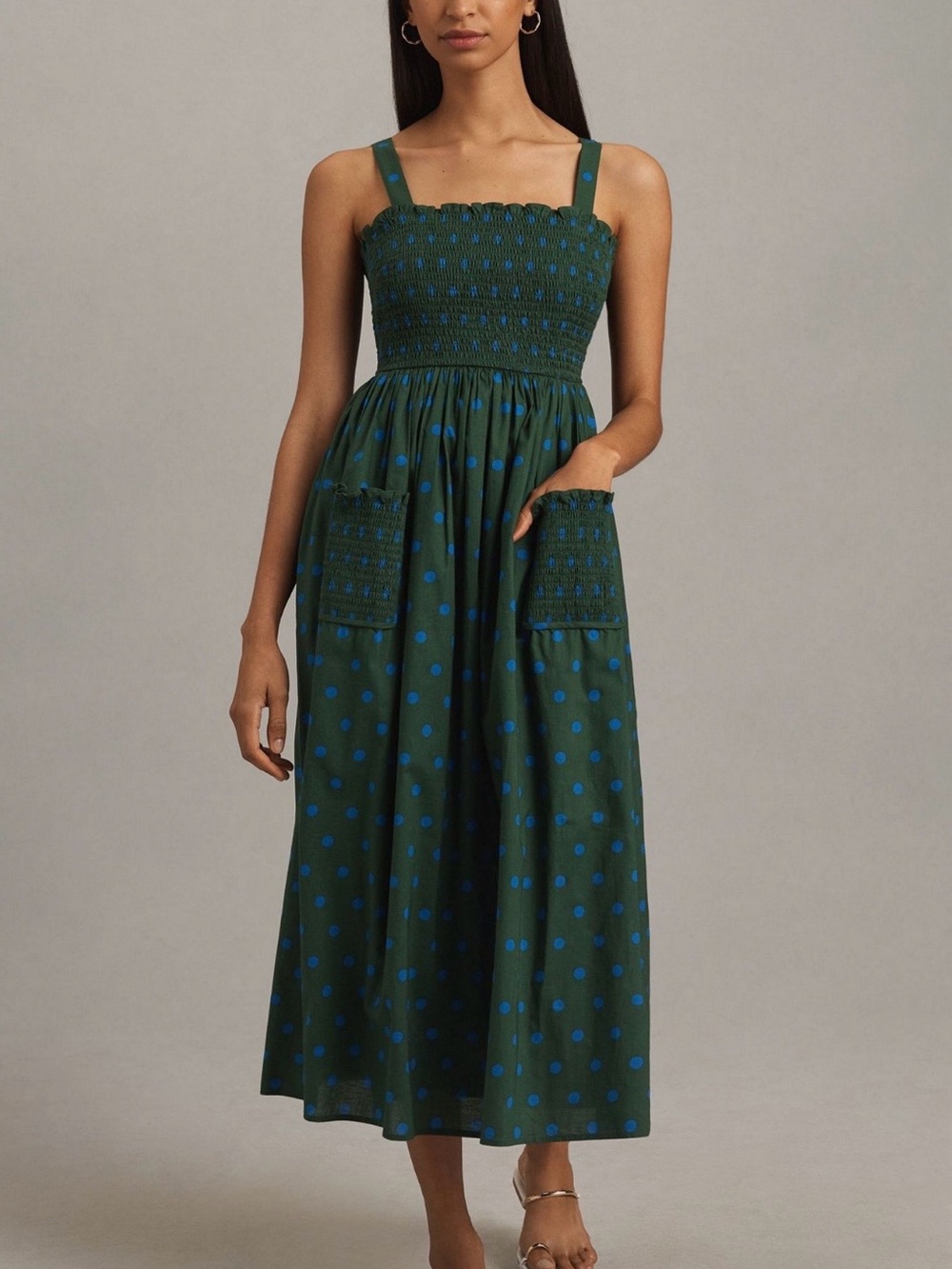 Anthropologie Green Maxi Dress with Blue Polka Dots
